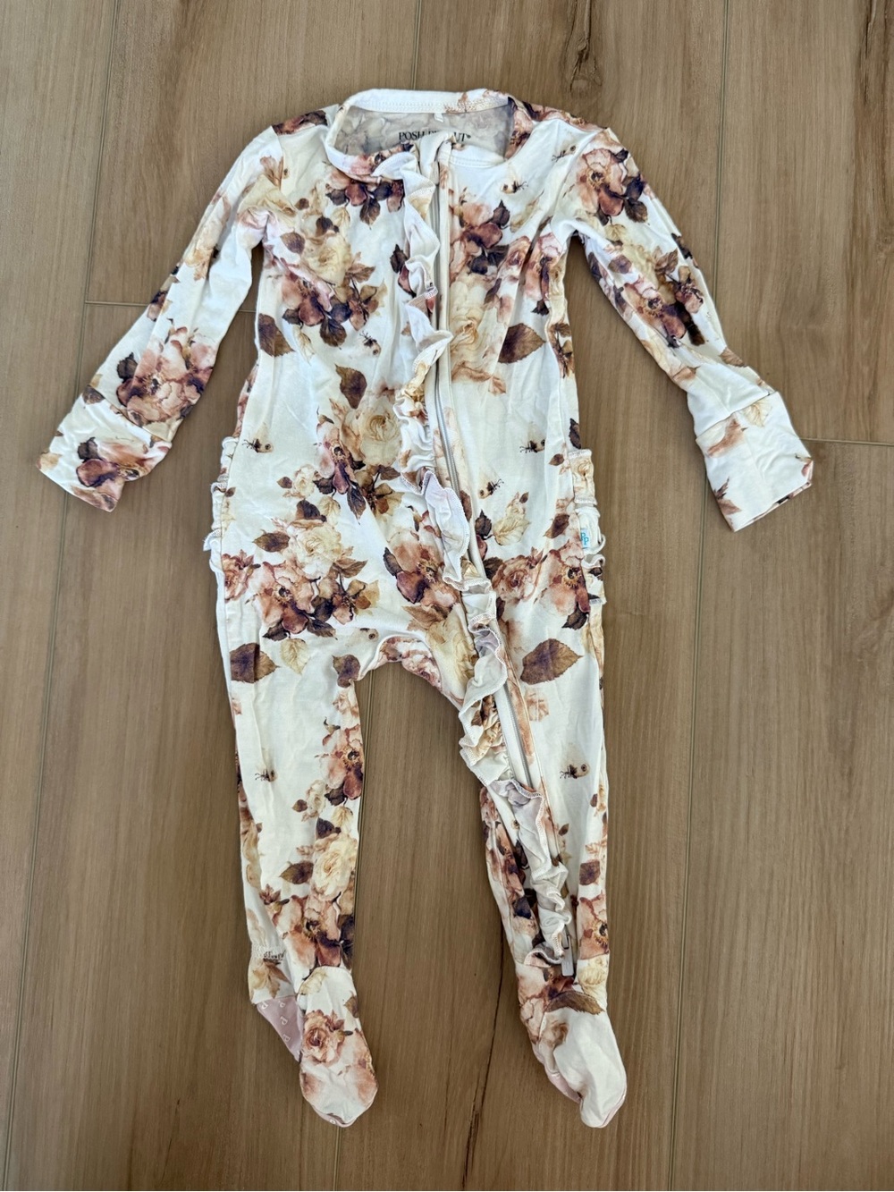 Posh Peanut 6-9 mo Floral Ruffle Zipper Footed One-Piece - Cream and Brown